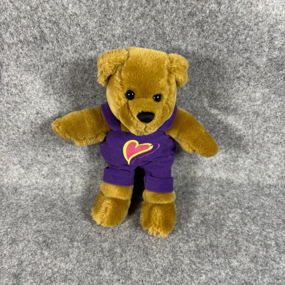 Hallmark "Love & Kiss" Teddy Bear Plush in Purple Heart Overalls 9 Inch